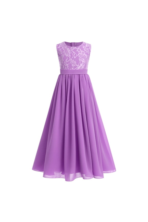 Flower Girl Dresses Junior Wedding Bridesmaid Prom Party Chiffon Floral Lace Flowy Maxi Princess Pageant Long Communion Gown 11-12 Years Light Purple