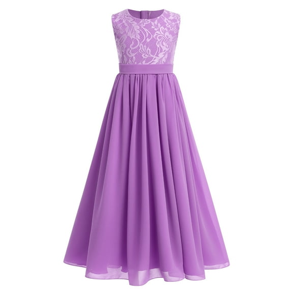 IBTOM CASTLE Flower Girl Dresses Junior Wedding Bridesmaid Prom Party Chiffon Floral Lace Flowy Maxi Princess Pageant Long Communion Gown 11-12 Years Light Purple