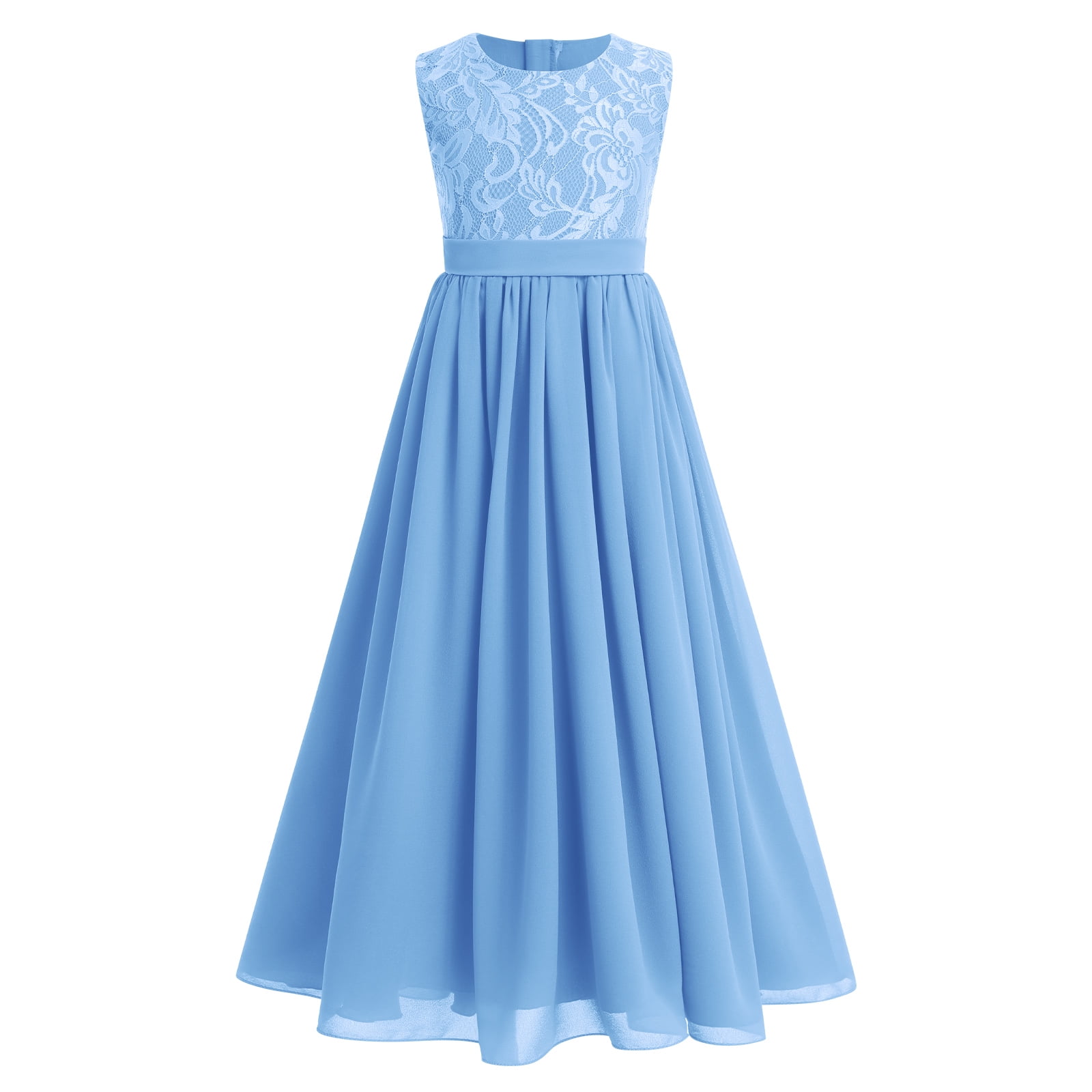 Flower Girl Dresses Junior Wedding Bridesmaid Prom Party Chiffon Floral Lace Flowy Maxi Princess Pageant Long Communion Gown 15-16 Years Light Blue