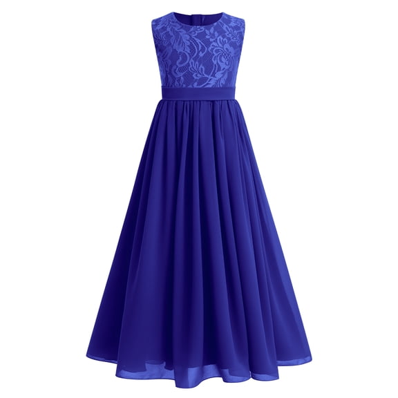 IBTOM CASTLE Flower Girl Dresses Junior Wedding Bridesmaid Prom Party Chiffon Floral Lace Flowy Maxi Princess Pageant Long Communion Gown 9-10 Years Royal Blue