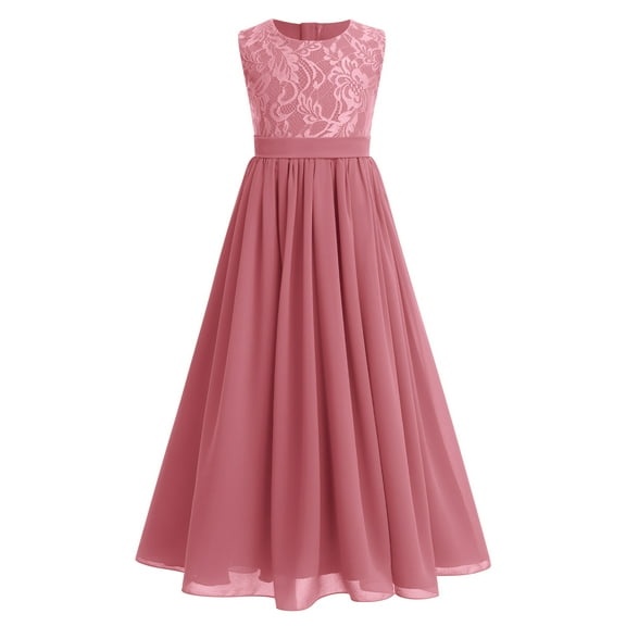 IBTOM CASTLE Flower Girl Dresses Junior Wedding Bridesmaid Prom Party Chiffon Floral Lace Flowy Maxi Princess Pageant Long Communion Gown 9-10 Years Pink