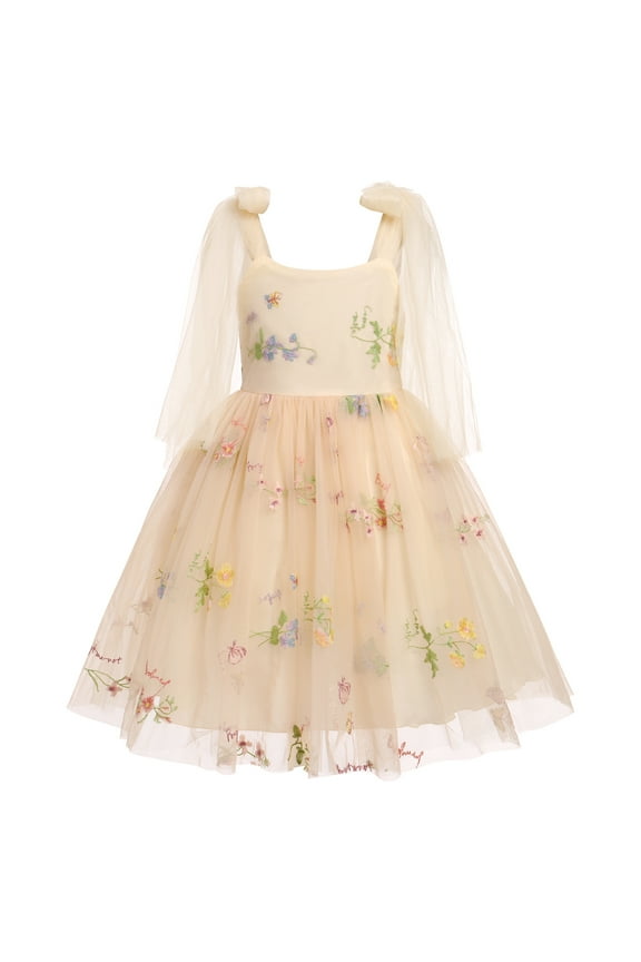 Flower Girl Floral Lace Tulle Dress Princess Backless Wedding Junior Bridesmaid Pageant Communion Dance Maxi Gown 12-18 Months Apricot