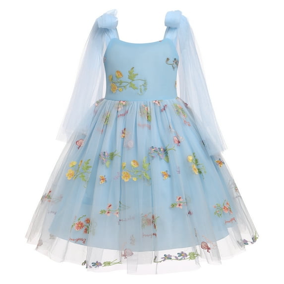 IBTOM CASTLE Flower Girl Floral Lace Tulle Dress Princess Backless Wedding Junior Bridesmaid Pageant Communion Dance Maxi Gown 18-24 Months Blue