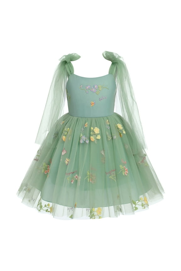 Flower Girl Floral Lace Tulle Dress Princess Backless Wedding Junior Bridesmaid Pageant Communion Dance Maxi Gown 2-3 Years Green