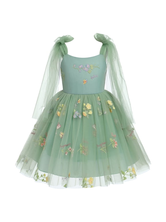 Flower Girl Floral Lace Tulle Dress Princess Backless Wedding Junior Bridesmaid Pageant Communion Dance Maxi Gown 2-3 Years Green