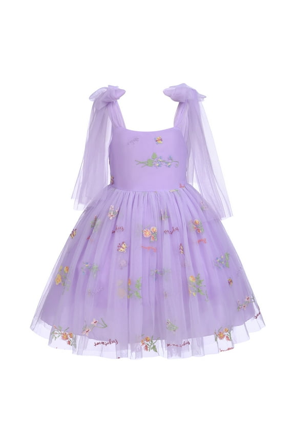 Flower Girl Floral Lace Tulle Dress Princess Backless Wedding Junior Bridesmaid Pageant Communion Dance Maxi Gown 5-6 Years Purple