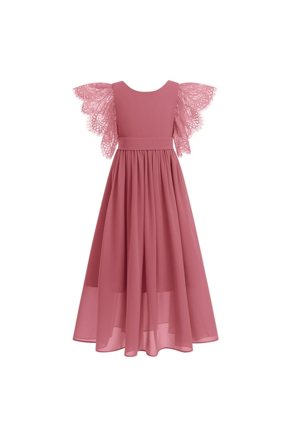 Flower Girl Flowy Ruffle Chiffon Trim A-Line Dress for Kid Wedding Junior Bridesmaid Communion Party Pageant Maxi Belted Gown 13-14 Years Pink