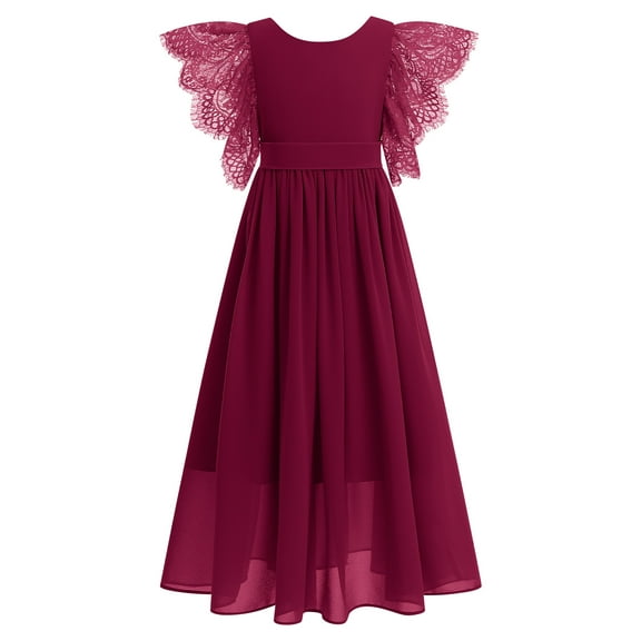 IBTOM CASTLE Flower Girl Flowy Ruffle Chiffon Trim A-Line Dress for Kid Wedding Junior Bridesmaid Communion Party Pageant Maxi Belted Gown 13-14 Years Wine Red