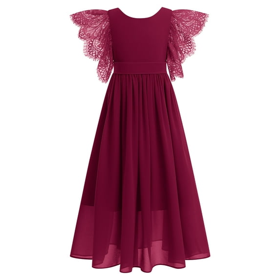 IBTOM CASTLE Flower Girl Flowy Ruffle Chiffon Trim A-Line Dress for Kid Wedding Junior Bridesmaid Communion Party Pageant Maxi Belted Gown 13-14 Years Wine Red