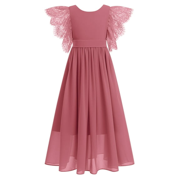 IBTOM CASTLE Flower Girl Flowy Ruffle Chiffon Trim A-Line Dress for Kid Wedding Junior Bridesmaid Communion Party Pageant Maxi Belted Gown 15-16 Years Pink