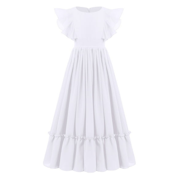 IBTOM CASTLE Flower Girl Flowy Ruffle Chiffon Trim A-Line Dress for Kid Wedding Junior Bridesmaid Communion Party Pageant Maxi Belted Gown 5-6 Years White