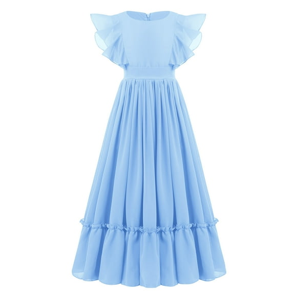 IBTOM CASTLE Flower Girl Flowy Ruffle Chiffon Trim A-Line Dress for Kid Wedding Junior Bridesmaid Communion Party Pageant Maxi Belted Gown 7-8 Years Light Blue