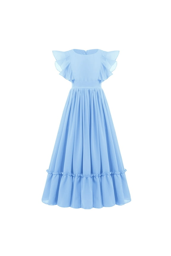 Flower Girl Flowy Ruffle Chiffon Trim A-Line Dress for Kid Wedding Junior Bridesmaid Communion Party Pageant Maxi Belted Gown 7-8 Years Light Blue