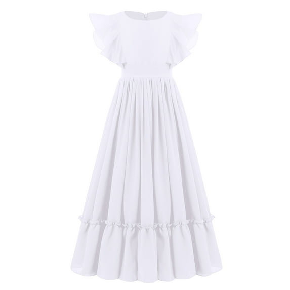IBTOM CASTLE Flower Girl Flowy Ruffle Chiffon Trim A-Line Dress for Kid Wedding Junior Bridesmaid Communion Party Pageant Maxi Belted Gown 7-8 Years White