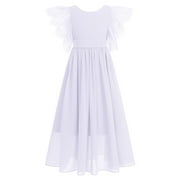 IBTOM CASTLE Flower Girl Flowy Ruffle Chiffon Trim A-Line Dress for Kid Wedding Junior Bridesmaid Communion Party Pageant Maxi Belted Gown 7-8 Years White
