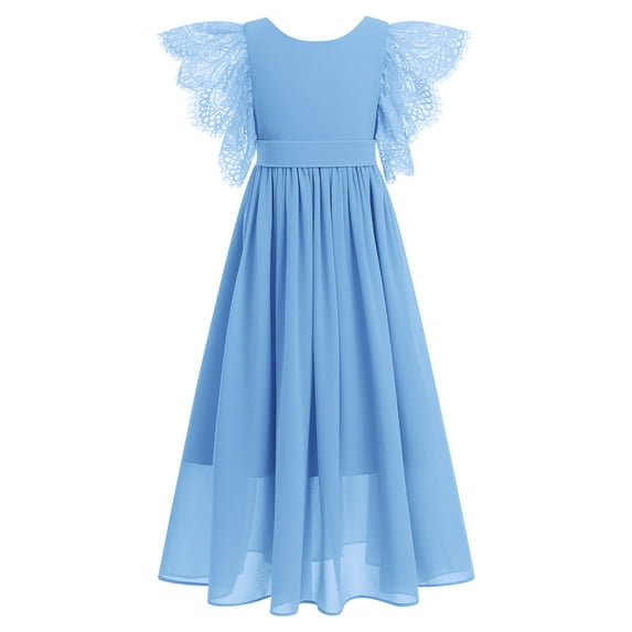 IBTOM CASTLE Flower Girl Flowy Ruffle Chiffon Trim A-Line Dress for Kid Wedding Junior Bridesmaid Communion Party Pageant Maxi Belted Gown 9-10 Years Light Blue