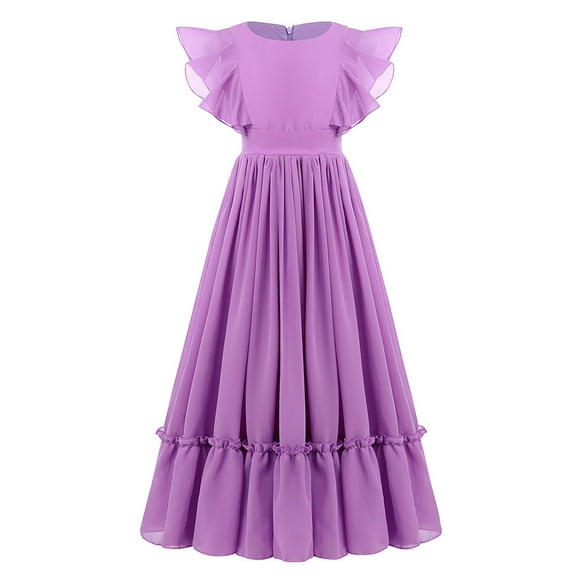 IBTOM CASTLE Flower Girl Flowy Ruffle Chiffon Trim A-Line Dress for Kid Wedding Junior Bridesmaid Communion Party Pageant Maxi Belted Gown 9-10 Years Purple