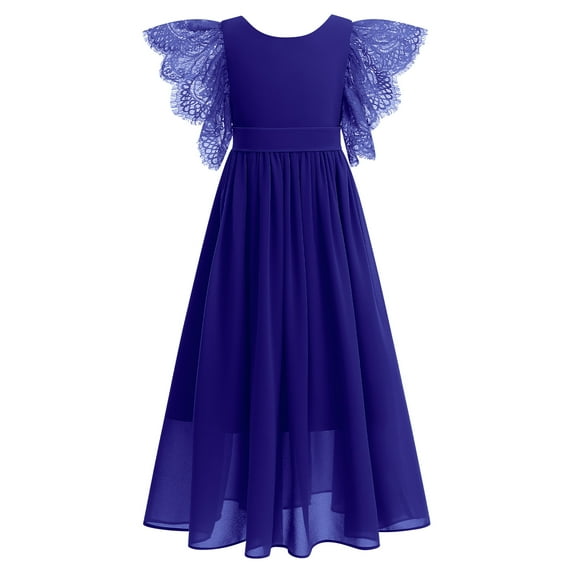 IBTOM CASTLE Flower Girl Flowy Ruffle Chiffon Trim A-Line Dress for Kid Wedding Junior Bridesmaid Communion Party Pageant Maxi Belted Gown 9-10 Years Royal Blue