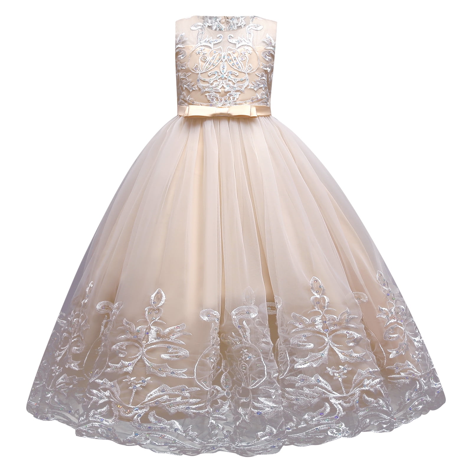 Flower Girl Lace Dress for Kids Wedding Bridesmaid Pageant Party Formal Long Maxi Gown Princess Communion Tulle Bow Dresses 2-3 Years Champagne