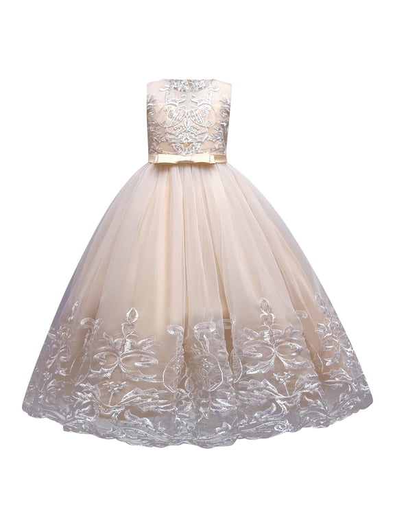 Flower Girl Lace Dress for Kids Wedding Bridesmaid Pageant Party Formal Long Maxi Gown Princess Communion Tulle Bow Dresses 4-5 Years Champagne