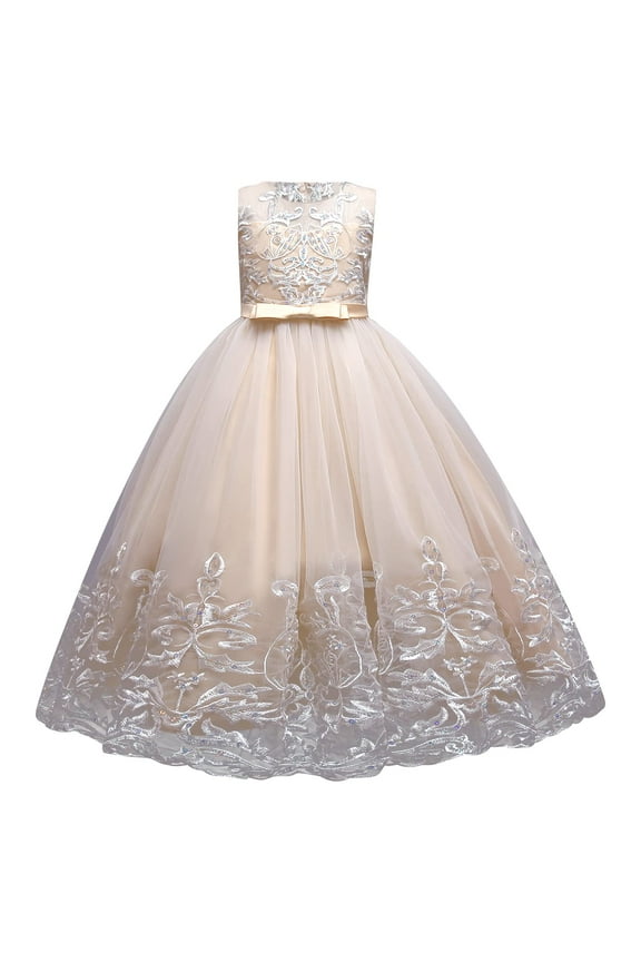 Flower Girl Lace Dress for Kids Wedding Bridesmaid Pageant Party Formal Long Maxi Gown Princess Communion Tulle Bow Dresses 5-6 Years Champagne