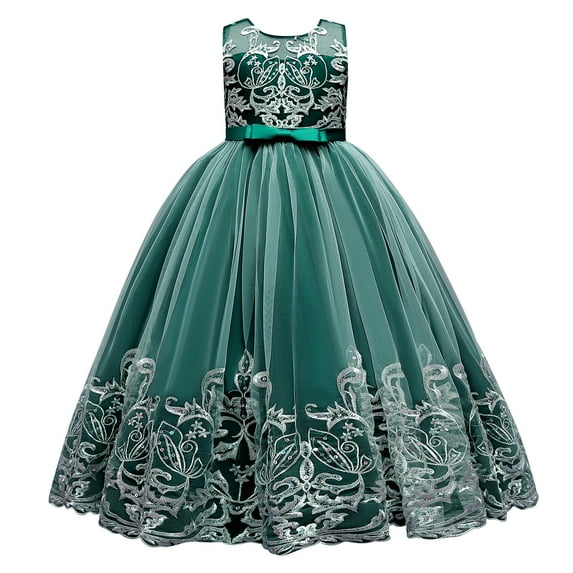 IBTOM CASTLE Flower Girl Lace Dress for Kids Wedding Bridesmaid Pageant Party Formal Long Maxi Gown Princess Communion Tulle Bow Dresses 5-6 Years Green