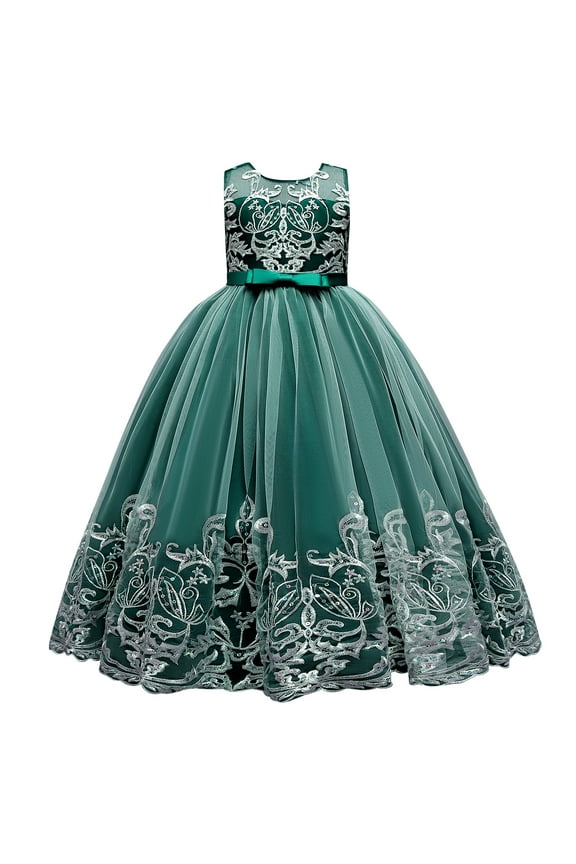 Flower Girl Lace Dress for Kids Wedding Bridesmaid Pageant Party Formal Long Maxi Gown Princess Communion Tulle Bow Dresses 5-6 Years Green
