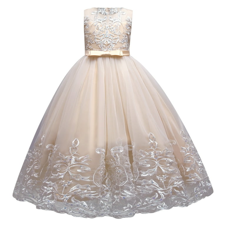 IBTOM CASTLE Flower Girl Lace Dress for Kids Wedding Bridesmaid Pageant  Party Formal Long Maxi Gown Princess Communion Tulle Bow Dresses 6-7 Years  Champagne 