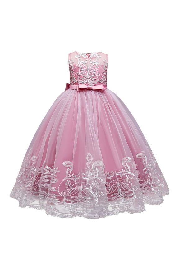 Flower Girl Lace Dress for Kids Wedding Bridesmaid Pageant Party Formal Long Maxi Gown Princess Communion Tulle Bow Dresses 6-7 Years Dusty Pink