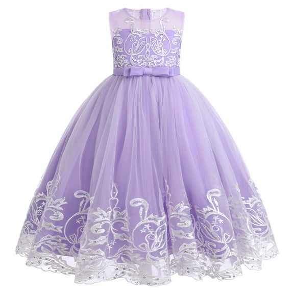IBTOM CASTLE Flower Girl Lace Dress for Kids Wedding Bridesmaid Pageant Party Formal Long Maxi Gown Princess Communion Tulle Bow Dresses 6-7 Years Light Purple