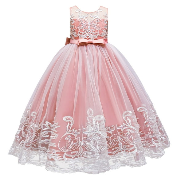 IBTOM CASTLE Flower Girl Lace Dress for Kids Wedding Bridesmaid Pageant Party Formal Long Maxi Gown Princess Communion Tulle Bow Dresses 6-7 Years Peach Pink