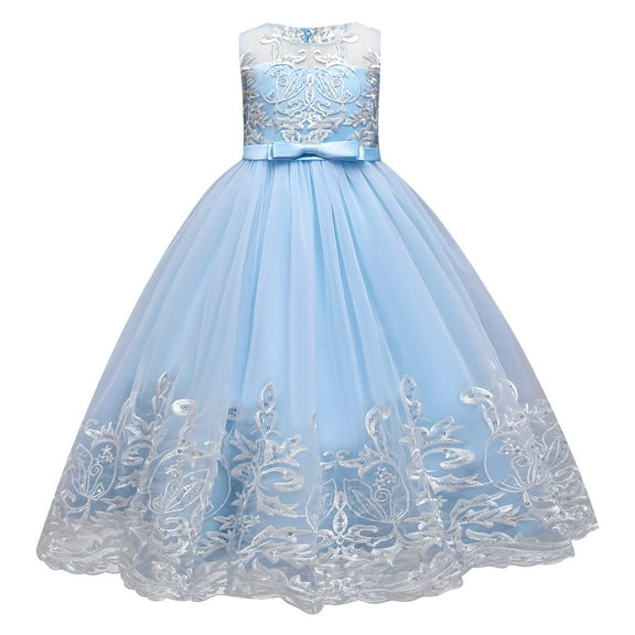 IBTOM CASTLE Flower Girl Lace Dress for Kids Wedding Bridesmaid Pageant Party Formal Long Maxi Gown Princess Communion Tulle Bow Dresses 7-8 Years Blue