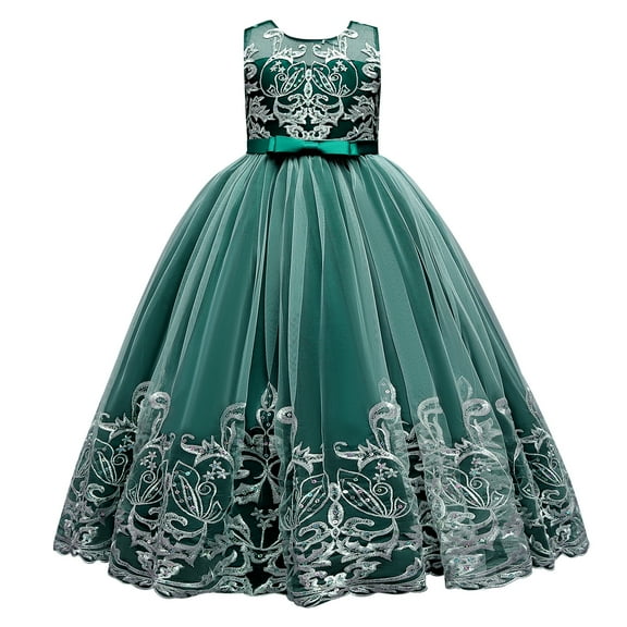 IBTOM CASTLE Flower Girl Lace Dress for Kids Wedding Bridesmaid Pageant Party Formal Long Maxi Gown Princess Communion Tulle Bow Dresses 7-8 Years Green