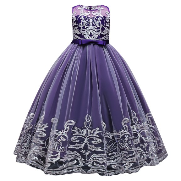 IBTOM CASTLE Flower Girl Lace Dress for Kids Wedding Bridesmaid Pageant Party Formal Long Maxi Gown Princess Communion Tulle Bow Dresses 7-8 Years Purple