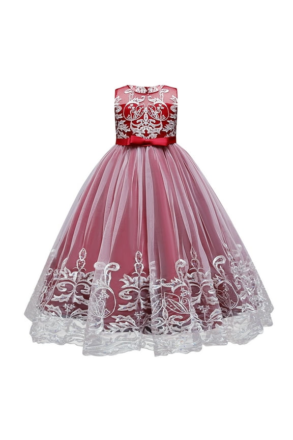 Flower Girl Lace Dress for Kids Wedding Bridesmaid Pageant Party Formal Long Maxi Gown Princess Communion Tulle Bow Dresses 7-8 Years Wine Red