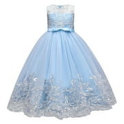 IBTOM CASTLE Flower Girl Lace Dress for Kids Wedding Bridesmaid Pageant Party Formal Long Maxi Gown Princess Communion Tulle Bow Dresses 9-10 Years Blue