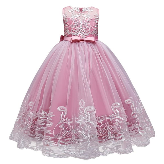 IBTOM CASTLE Flower Girl Lace Dress for Kids Wedding Bridesmaid Pageant Party Formal Long Maxi Gown Princess Communion Tulle Bow Dresses 9-10 Years Dusty Pink