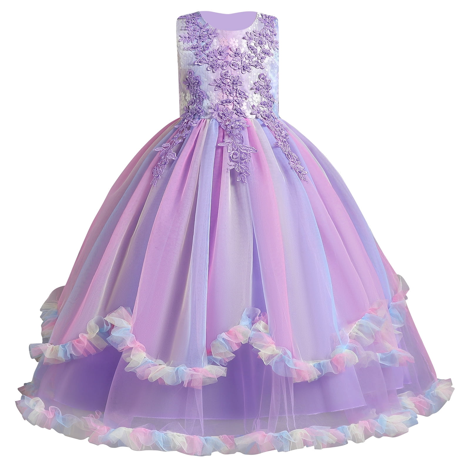 Flower Girl Princess Floral Boho Lace Embroidered Pageant Dresses for Kids Party Wedding Puffy Communion Maxi Gown 13-14 Years Rainbow Purple