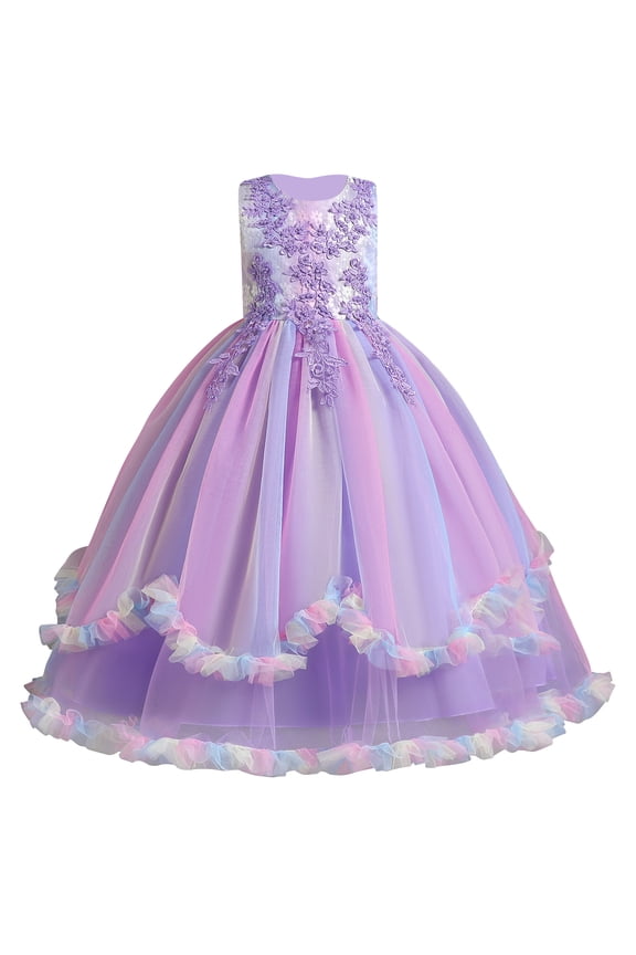 Flower Girl Princess Floral Boho Lace Embroidered Pageant Dresses for Kids Party Wedding Puffy Communion Maxi Gown 6-7 Years Rainbow Purple