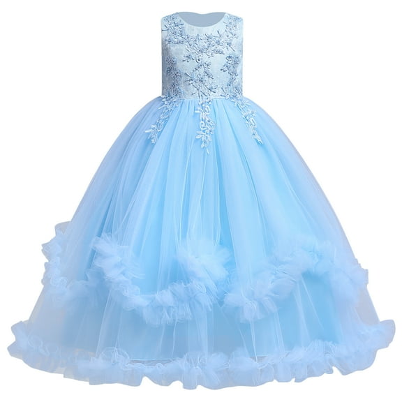 IBTOM CASTLE Flower Girl Princess Floral Boho Lace Embroidered Pageant Dresses for Kids Party Wedding Puffy Communion Maxi Gown 11-12 Years Blue