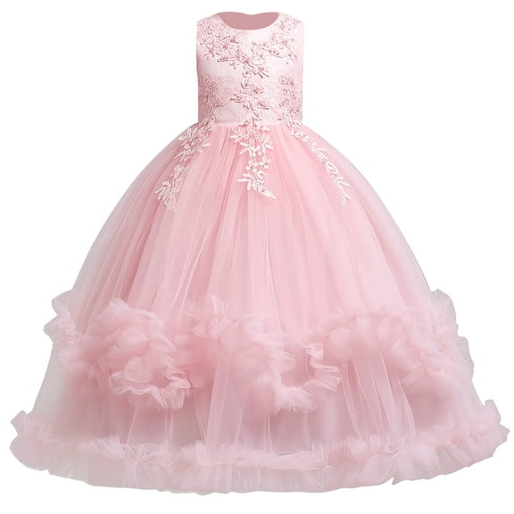 IBTOM CASTLE Flower Girl Princess Floral Boho Lace Embroidered Pageant Dresses for Kids Party Wedding Puffy Communion Maxi Gown 11-12 Years Pink