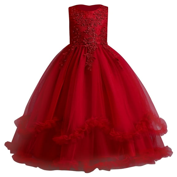 IBTOM CASTLE Flower Girl Princess Floral Boho Lace Embroidered Pageant Dresses for Kids Party Wedding Puffy Communion Maxi Gown 13-14 Years Red