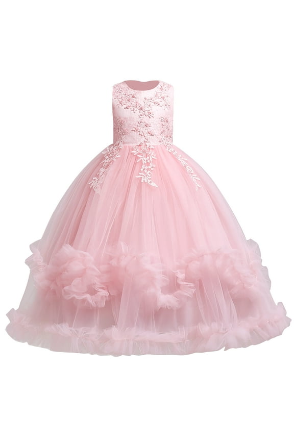 Flower Girl Princess Floral Boho Lace Embroidered Pageant Dresses for Kids Party Wedding Puffy Communion Maxi Gown 7-8 Years Pink