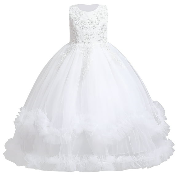 IBTOM CASTLE Flower Girl Princess Floral Boho Lace Embroidered Pageant Dresses for Kids Party Wedding Puffy Communion Maxi Gown 7-8 Years White