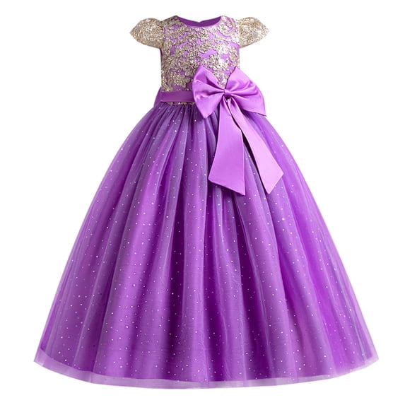 IBTOM CASTLE Flower Girl Sequin Lace Dress for Kids Wedding First Communion Princess Pageant Formal Party Long Maxi Gowns 13-14 Years Purple