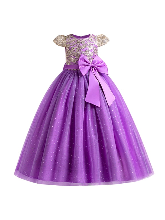 Flower Girl Sequin Lace Dress for Kids Wedding First Communion Princess Pageant Formal Party Long Maxi Gowns 13-14 Years Purple