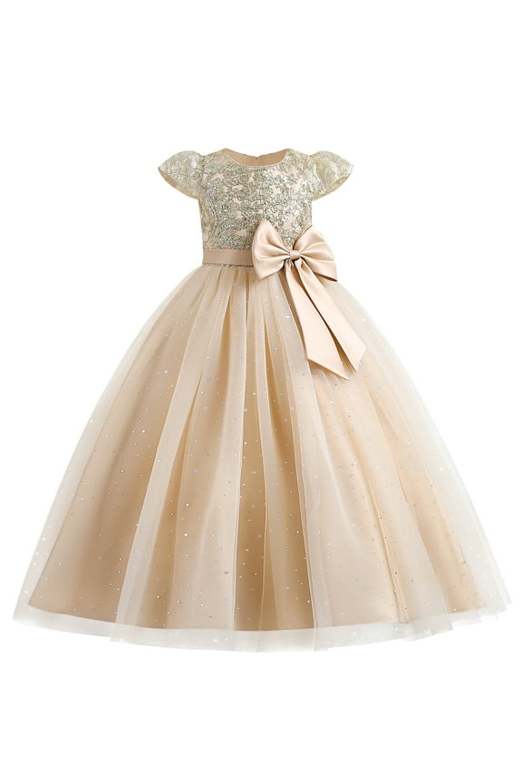 Flower Girl Sequin Lace Dress for Kids Wedding First Communion Princess Pageant Formal Party Long Maxi Gowns 9-10 Years Champagne