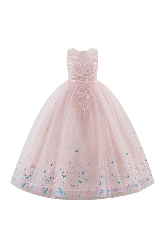 Flower Girl Sparkly Sequins Shiny Butterfly Formal Wedding Tulle Dress Junior Pageant First Communion Easter Princess Party Birthday Ball Gown 9-10 Years Pink