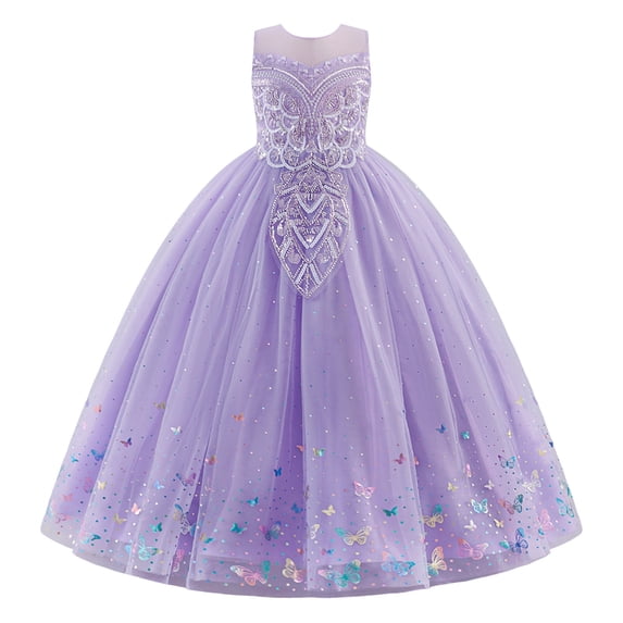 IBTOM CASTLE Flower Girl Sparkly Sequins Shiny Butterfly Formal Wedding Tulle Dress Junior Pageant First Communion Easter Princess Party Birthday Ball Gown 3T Purple