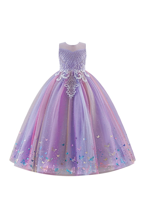 Flower Girl Sparkly Sequins Shiny Butterfly Formal Wedding Tulle Dress Junior Pageant First Communion Easter Princess Party Birthday Ball Gown 3-4T Rainbow Purple